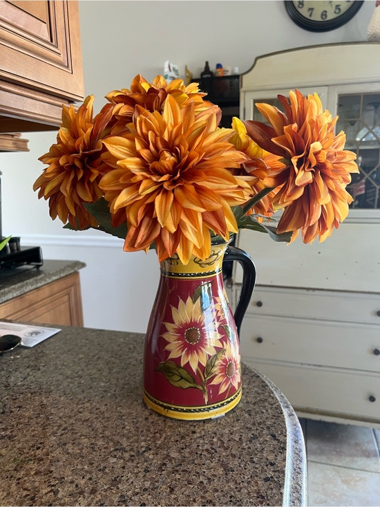 Pier 1 Other - Pier 1 Red and Yellow Hand-Painted Ceramic Pitcher Vase with flowers